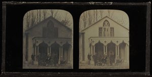 Group portrait of eight members of the Circle of Eynard-Lullin, in front of house Grandfleur deau